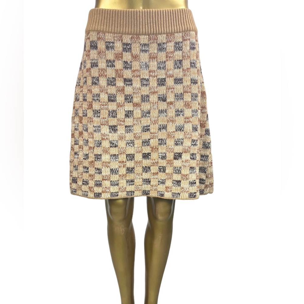 Rebecca Taylor Brown & Tan Checkered Knit Skirt, Wool Cashmere Blend, Sz XL NWT